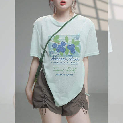薄荷绿色印花短袖t恤女士夏季薄款2026新款上衣宽松爆款圆领体恤