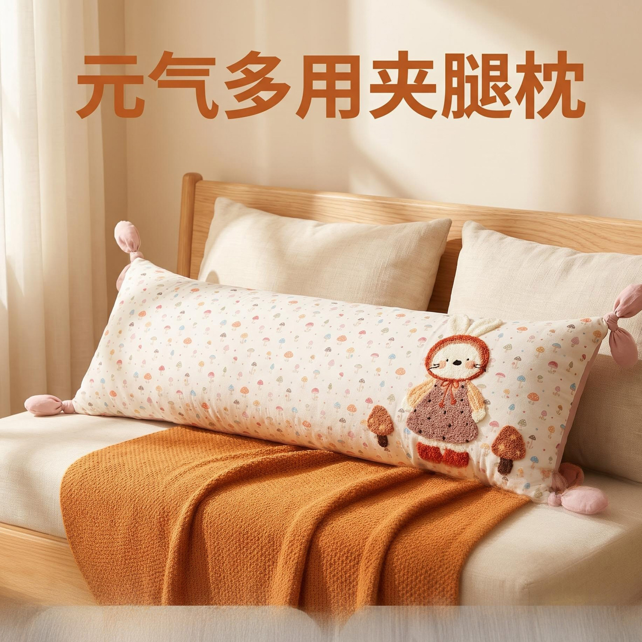 蘑菇兔全棉双层纱长条夹腿抱枕