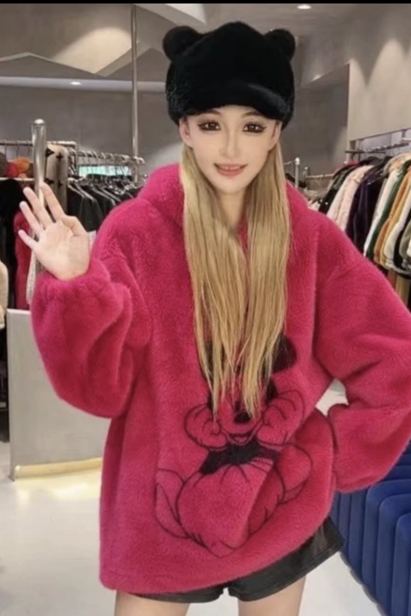 高端欧货欧貂绒皮草外套女中长款连帽米奇仿貂毛卫衣减龄保暖冬款