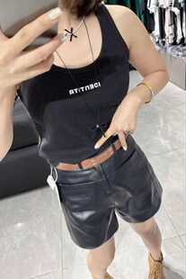 2024秋海宁新款真皮短裤女士绵羊皮修身高腰皮靴裤阔腿裤显瘦黑色