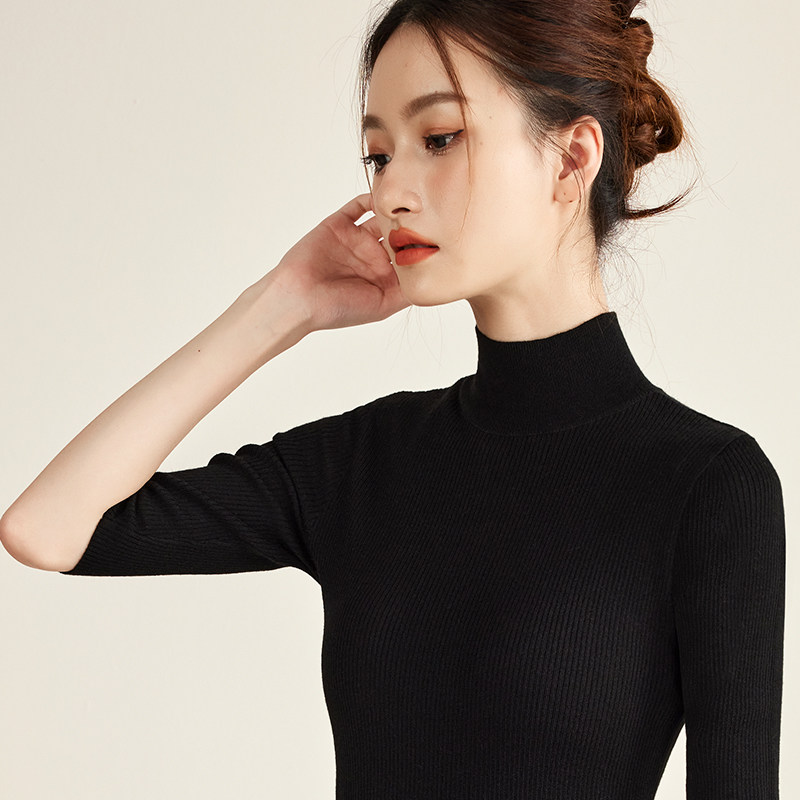 半高领薄款五分袖毛衣女修身立领半袖上衣春秋紧身针织打底衫黑色