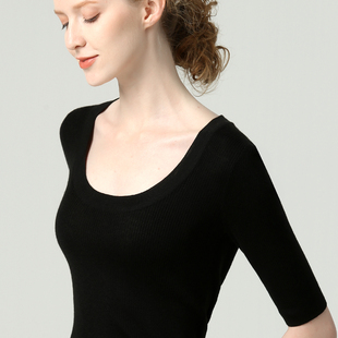 t上衣春秋紧身五分袖 黑色U领短袖 半袖 女修身 低领打底毛衣薄 针织衫