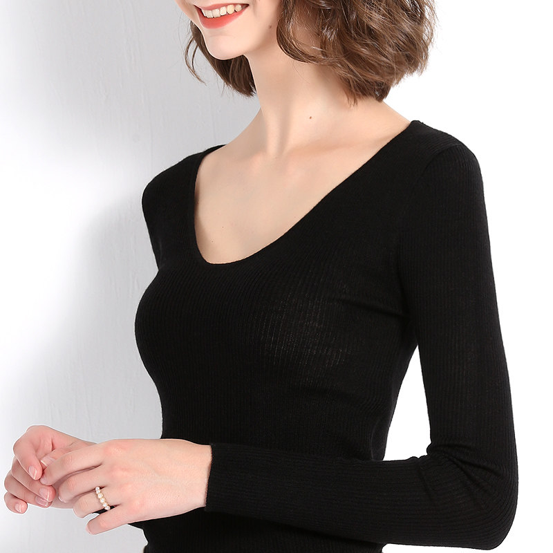 U领打底衫羊毛女修身薄款圆领长袖线衣春秋黑色紧身低领针织毛衣