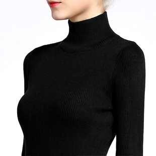 针织衫 长袖 紧身 春秋羊毛混纺毛线衣修身 黑色半高领打底毛衣女薄款