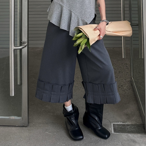 DY-2026年春季新款纯色花边褶皱七分休闲裤港风阔腿裤57017