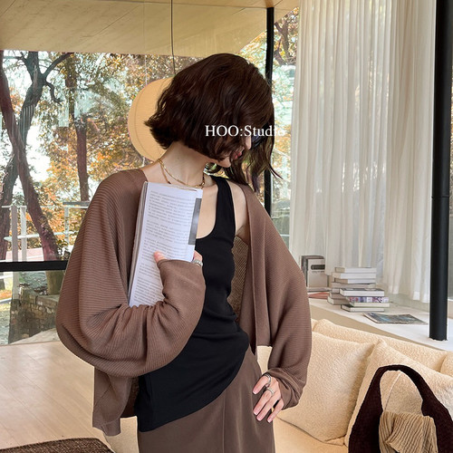 DY-2026新款法式天丝坑条纹理松弛蝙蝠袖百搭随性针织开衫ZA5089