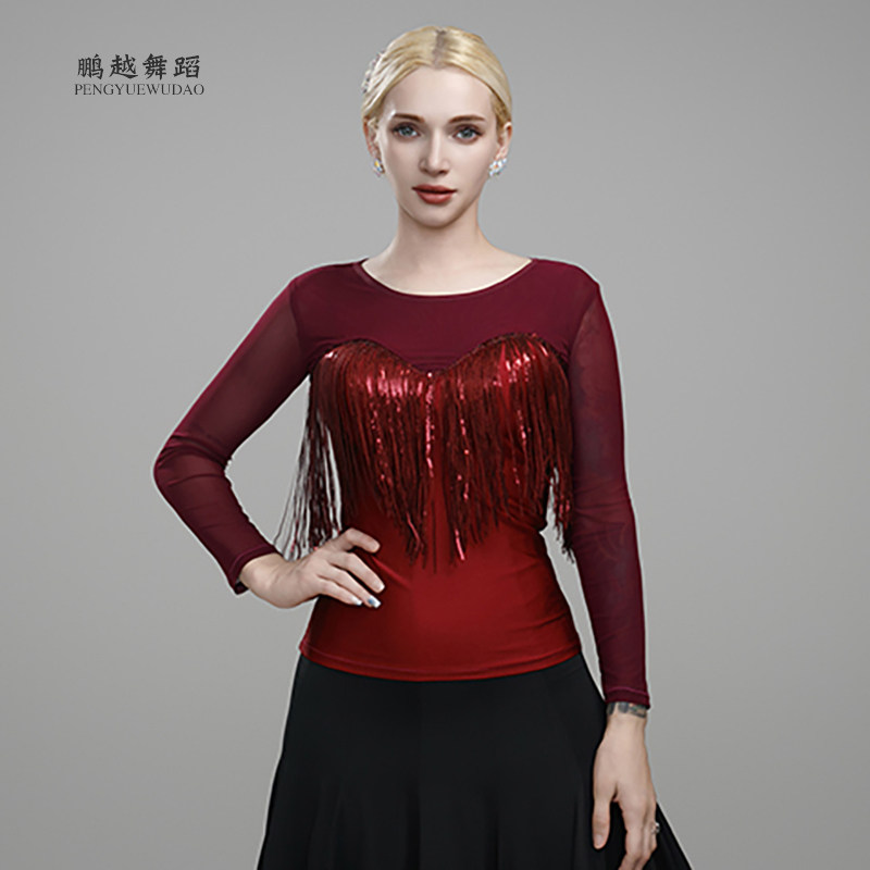 新款国标交谊舞蹈上衣练功服华尔兹长袖舞服交谊舞服装摩登舞衣