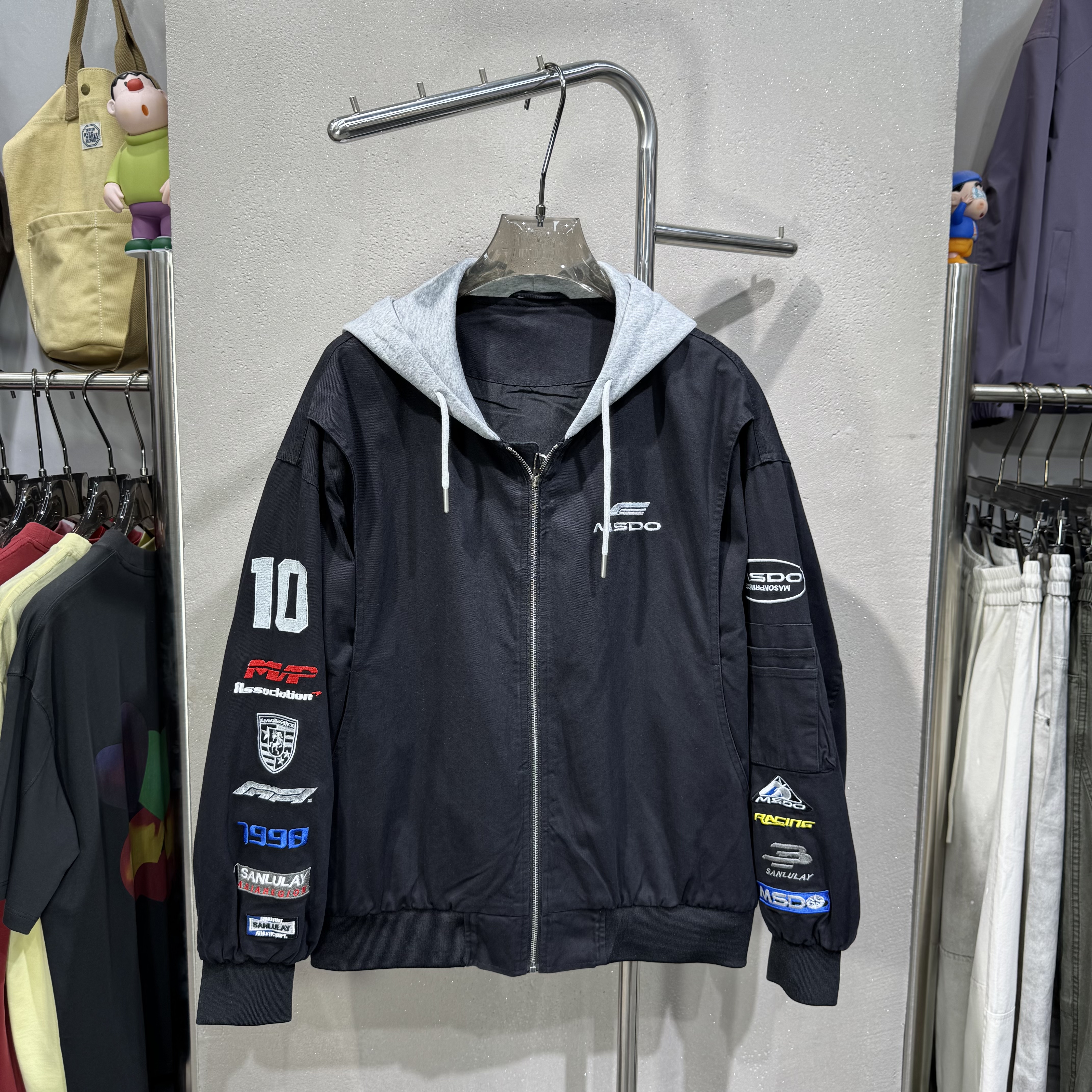 秋季新款假两件连帽刺绣棒球服男夹克