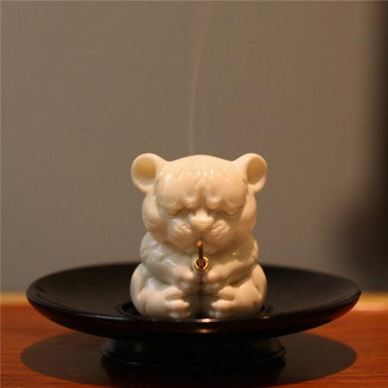鹿角原创虎大哥香插手把件根付手工雕刻小众特色禅意可爱摆件