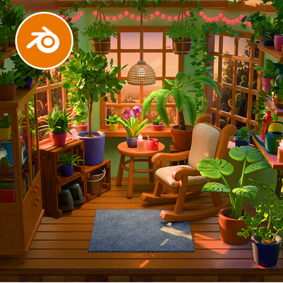 Blender卡通花园阳台躺椅植物迷你可爱场景模型建模素材渲染3277