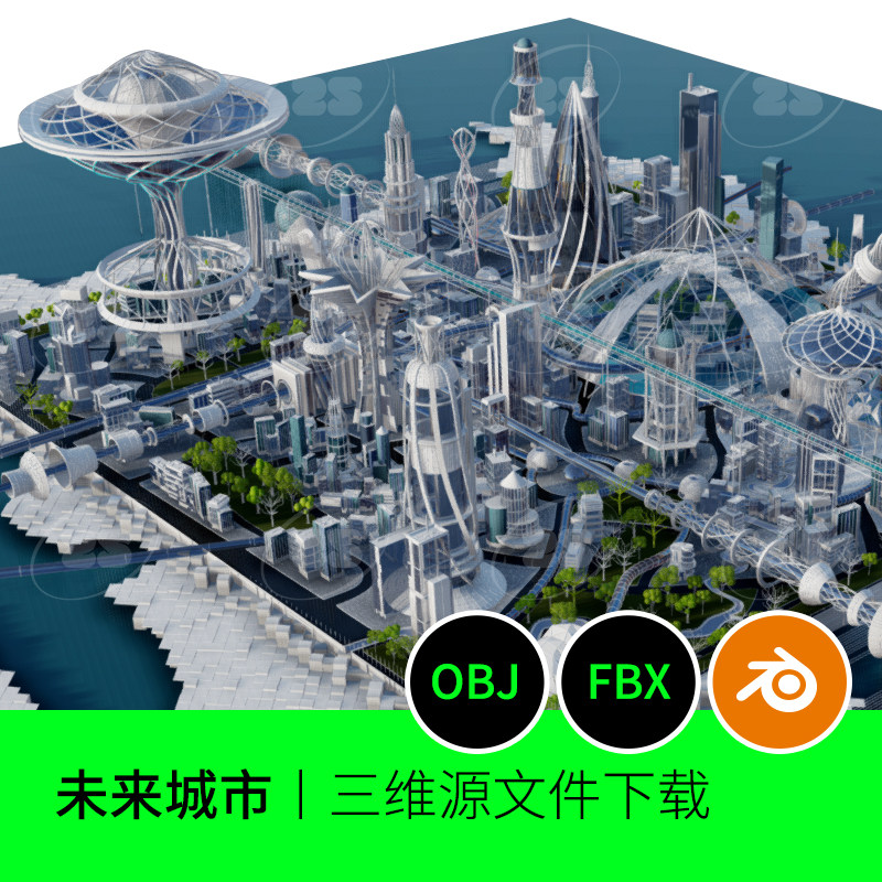 未来城市科技科幻建筑大厦道路3d模型建模fbx素材blender三维191