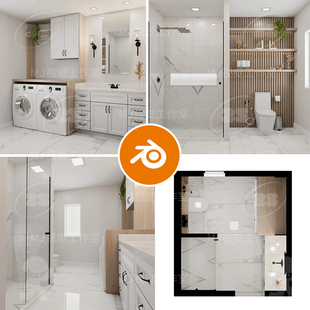 Blender白色干净浴室洗手间现代洗衣机洗手盆马桶室内场景3189