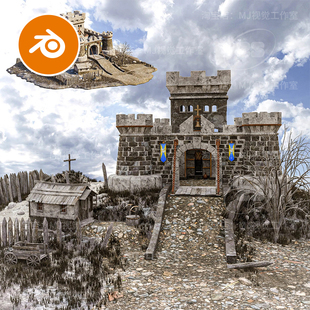 blender中世纪城堡宫殿石路木屋教堂要塞建筑荒废模型建模2991