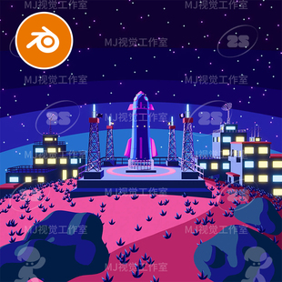blender插画风格 火箭发射台卡通场景模型建模素材渲染紫蓝色3146
