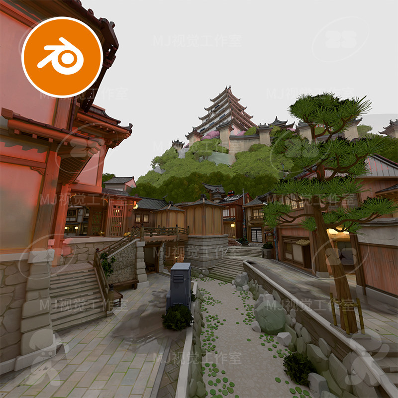 blender小镇屋子房子河流中国风场景风景景点村落古风模型3031