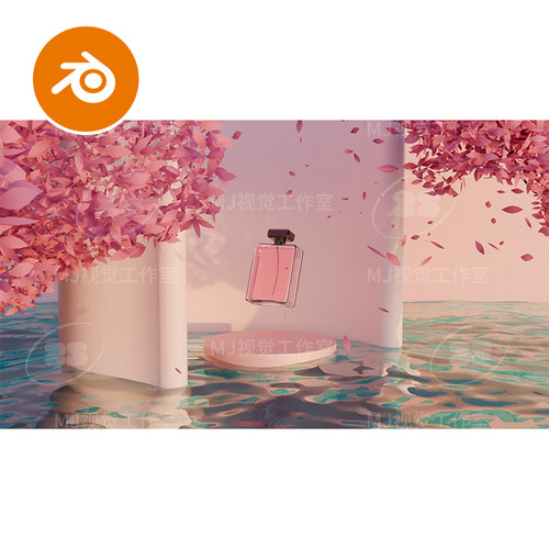 Blender香水树叶飘落动画粉红色舞台湖面水面唯美场景模型3294