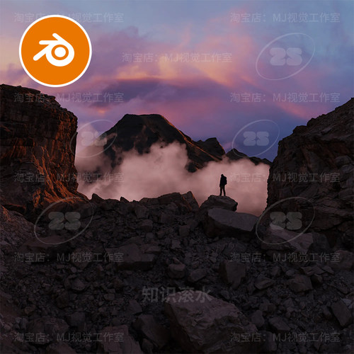 Blender碎石山谷山脉山间风景高山云雾高峰山顶场景模型建模2824