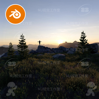 blender户外自然山顶悬崖草地石碓场景植物风景场景模型建模3163