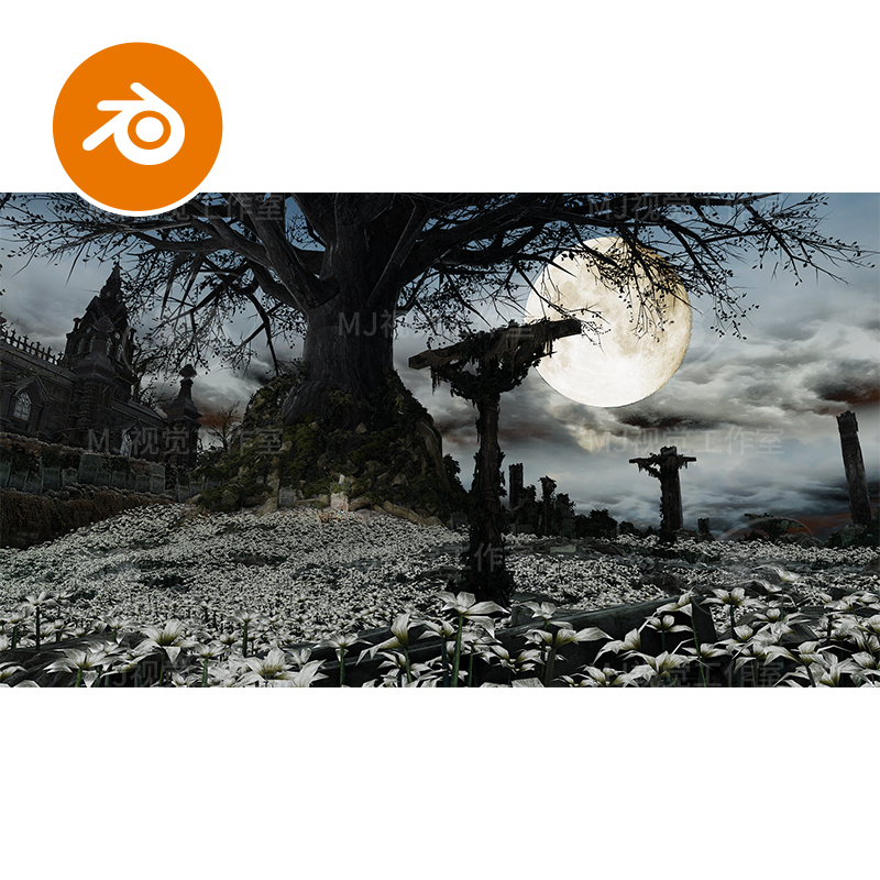 blender恐怖万圣节坟墓枯树夜晚阴影场景月亮场景模型黑暗3057
