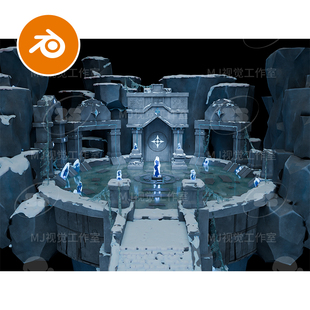 Blender祭坛舞台神秘古典祭台神话冰雪岩石场景水池游戏场景3243