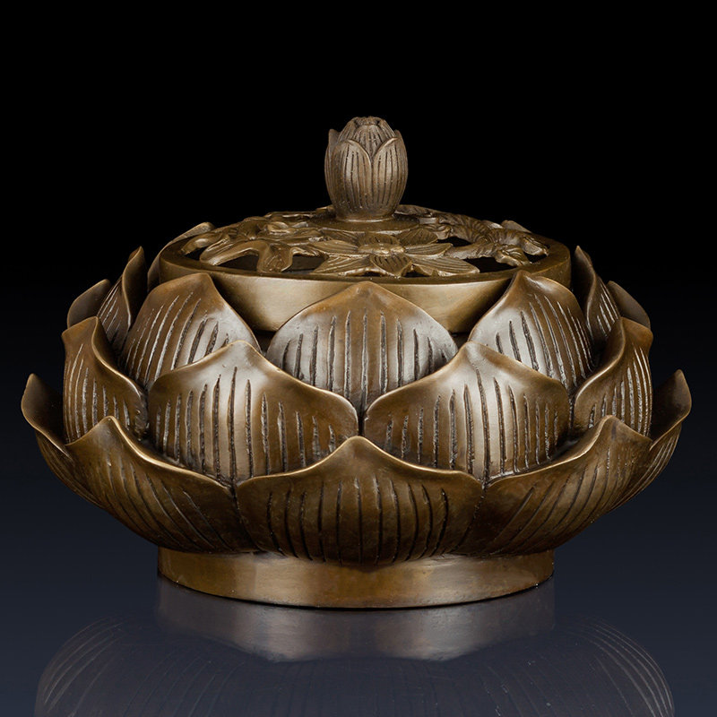 纯黄铜莲花香炉摆件办公室铜香炉装饰品工艺品香薰炉客厅饰品装饰