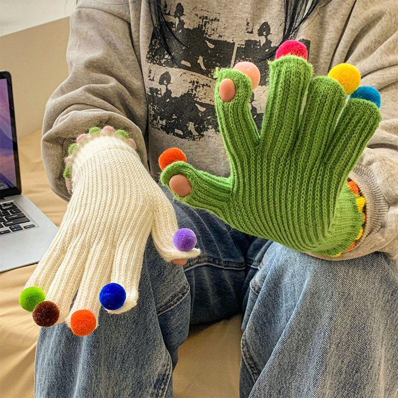 彩虹小糖豆毛线手套女冬季可触屏针织保暖露手指韩版可爱情侣小众