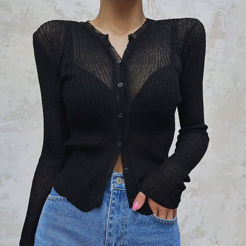 韩国东大门通勤单排扣修身显瘦性感薄款微透长袖针织开衫上衣女潮