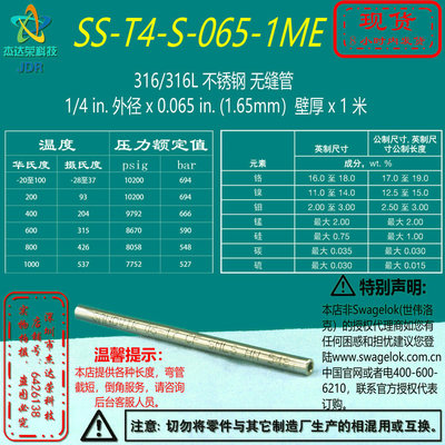 【SS-T4-S-065-1ME】Swagelok世伟洛克不锈钢无缝管1/4 in外径