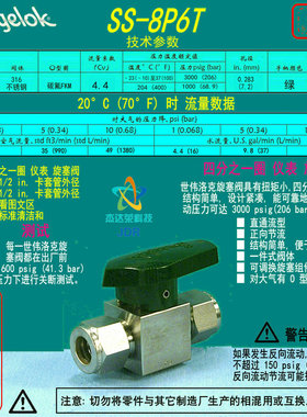 【SS-8P6T】Swagelok世伟洛克  四分之一旋塞阀 1/2 in.卡套