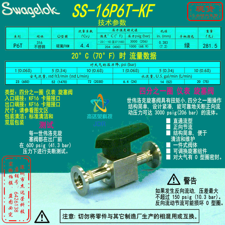 【SS-16P6T-KF】Swagelok世伟洛克1/4圈 仪表 旋塞阀KF16卡箍接口
