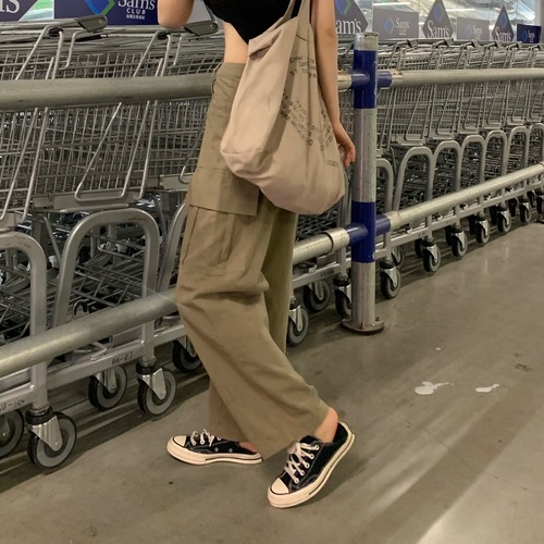 Real price ~ straight check pants new high waist American wide leg pants casual pants overalls
