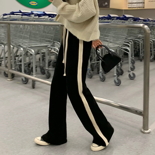 Real shot real price plus velvet thickened vertical striped legged casual pants high waist wide leg pants slim sports pants