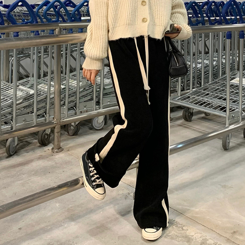 Real shot real price plus velvet thickened vertical striped legged casual pants high waist wide leg pants slim sports pants