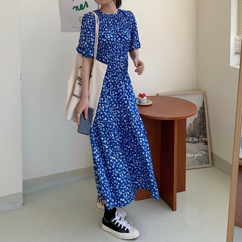 Real price · blue temperament pleated waist show thin dress women's retro floral dress summer 2020