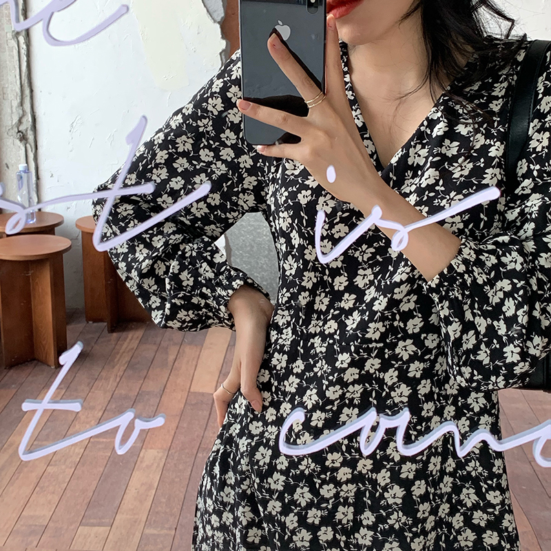 Real price ~ floral long sleeve dress new gentle style high waist slim medium length skirt