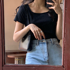 Real price ~ slim square neck T-shirt high waist short versatile top