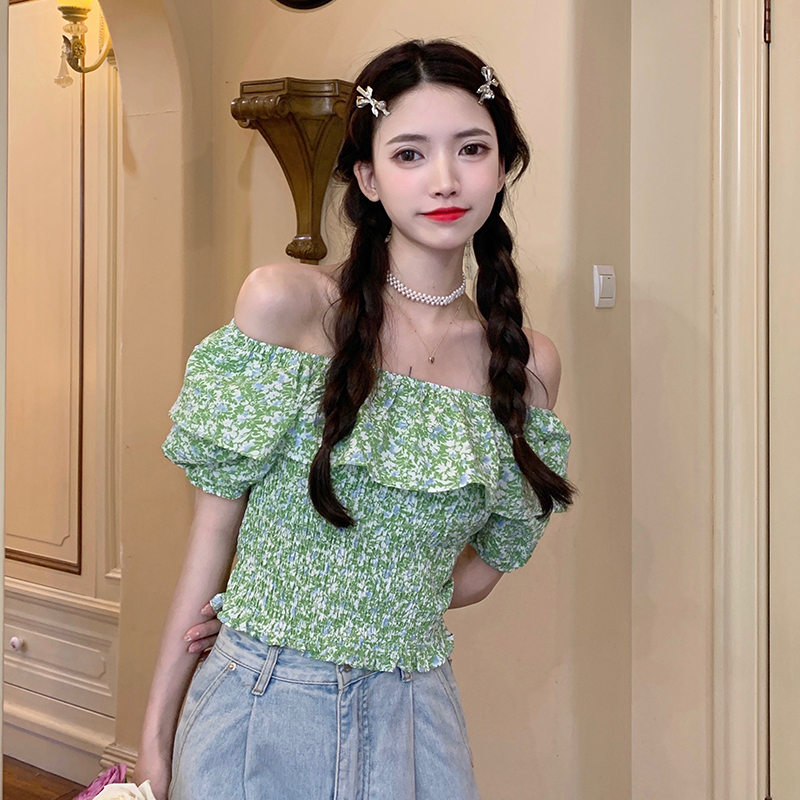 Real beat real price ~ Floral Chiffon shirt one shoulder short sleeve design top