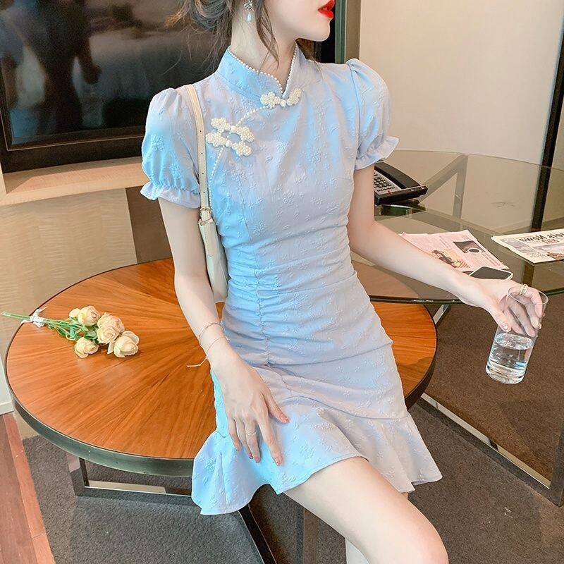 国风复古连衣裙女夏2025新款小个子短款改良旗袍修身显瘦鱼尾裙子
