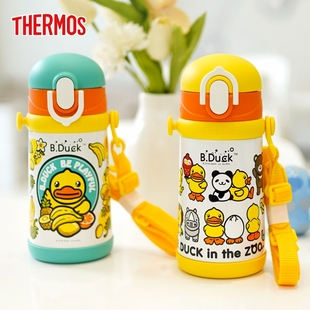 膳魔师儿童保温杯吸管杯宝宝带吸管背带幼儿园水壶316不锈钢400ml