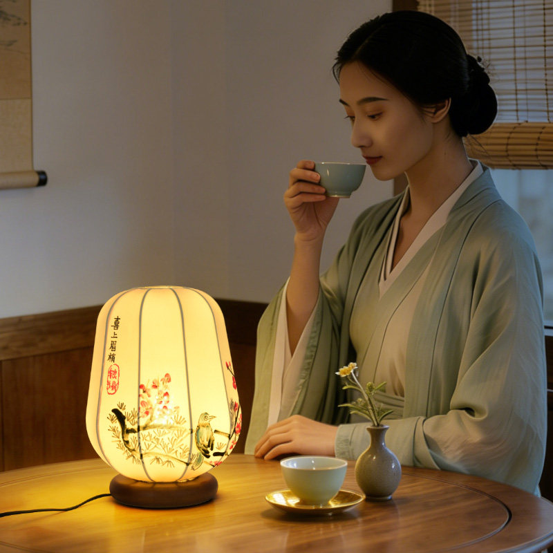 宋式美学手绘花鸟灯笼台灯新中式国风卧室床头茶室禅意氛围小夜灯