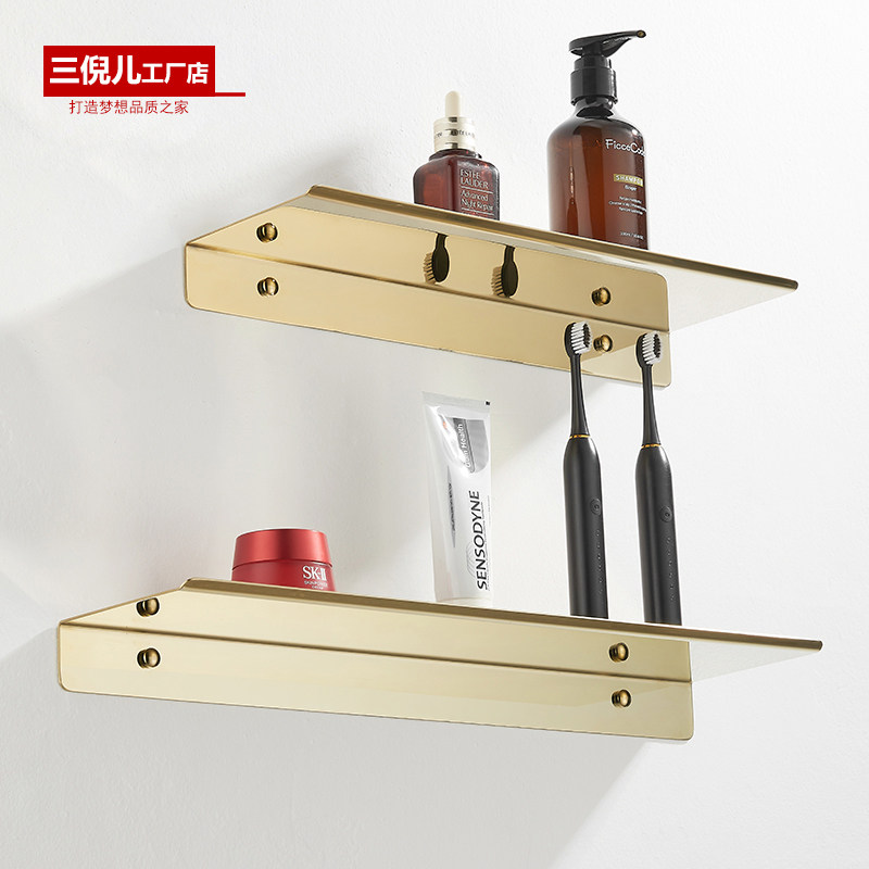 304不锈钢一字板隔板浴室置物架免打孔卫生间收纳架镜前墙上金色