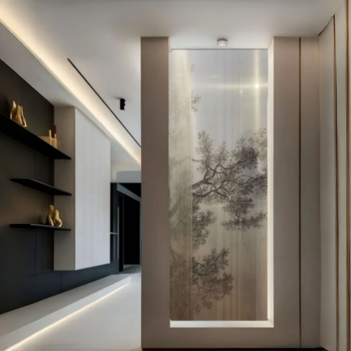 夹绢玻璃  山水画 新中式隔断墙背景屏风玄关门 夹丝定制钢化艺术