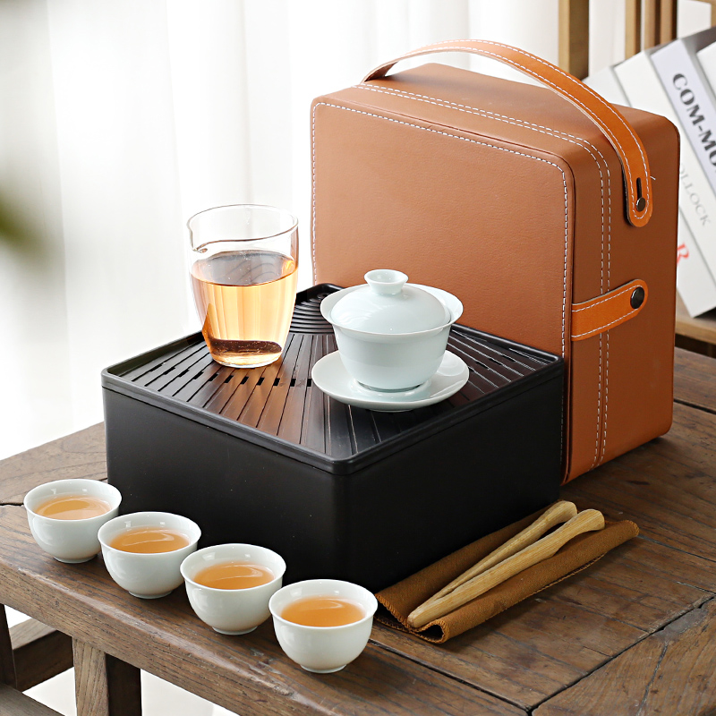 新款复古旅行茶具盖碗套装玻璃茶海四杯装可商务送礼家用加印logo