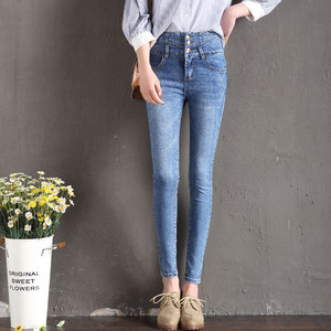 In the spring of new high waisted jeans multi breasted female trousers elastic feet pencil pants