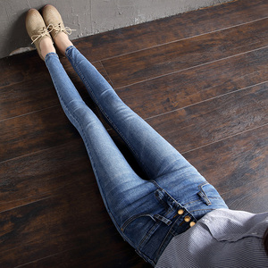 new spring high waisted jeans multi breasted female student spring elastic pants female trousers