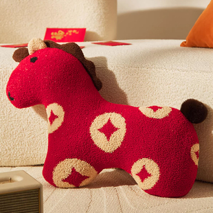 马年新年喜庆小马玩偶抱枕客厅沙发靠垫装饰靠背毯子卧室床尾盖毯