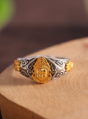 人品银品 S925银复古民族风度母鎏金指环做旧个性时尚可调节戒指