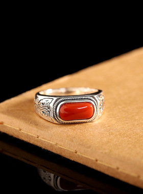 人品银品复古时尚女士马鞍戒s925纯银镶嵌南红玛瑙戒指个性指环