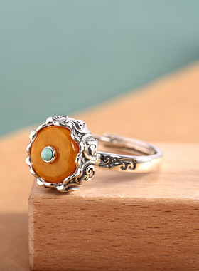 S925银做旧蜜蜡八瓣莲花女士戒指