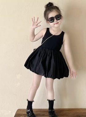 女童连衣裙夏装高级感黑色花苞裙